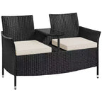 Yaheetech Outdoor Wicker Double Chair with Removable Cushions & 1 Tempered Glass Side Table, Black