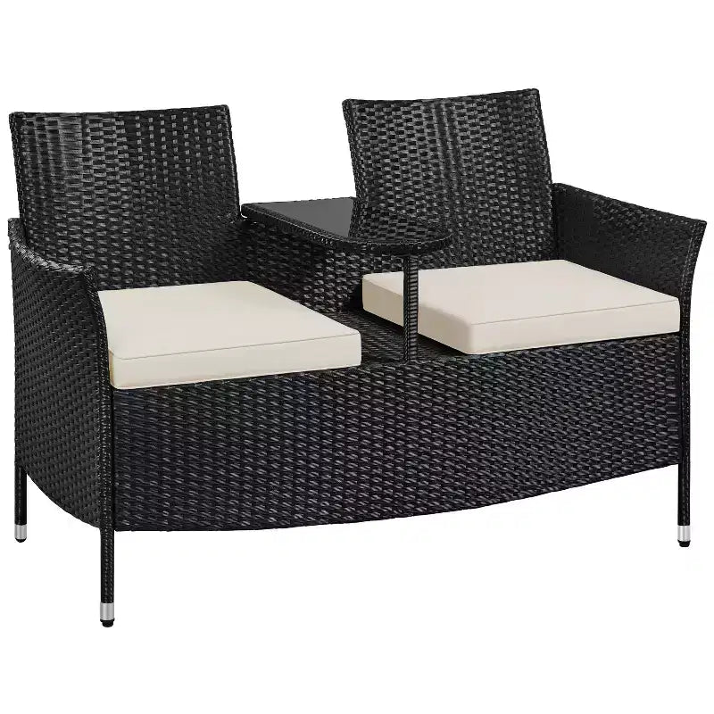 Yaheetech Outdoor Wicker Double Chair with Removable Cushions & 1 Tempered Glass Side Table, Black