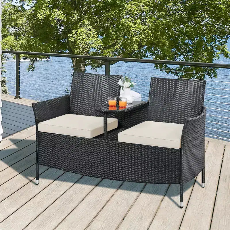 Yaheetech Outdoor Doppel-Rattansessel mit abnehmbaren Kissen & 1 Beistelltisch aus gehärtetem Glas, Schwarz
