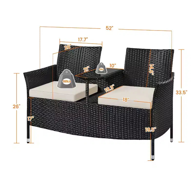 Yaheetech Outdoor Doppel-Rattansessel mit abnehmbaren Kissen & 1 Beistelltisch aus gehärtetem Glas, Schwarz