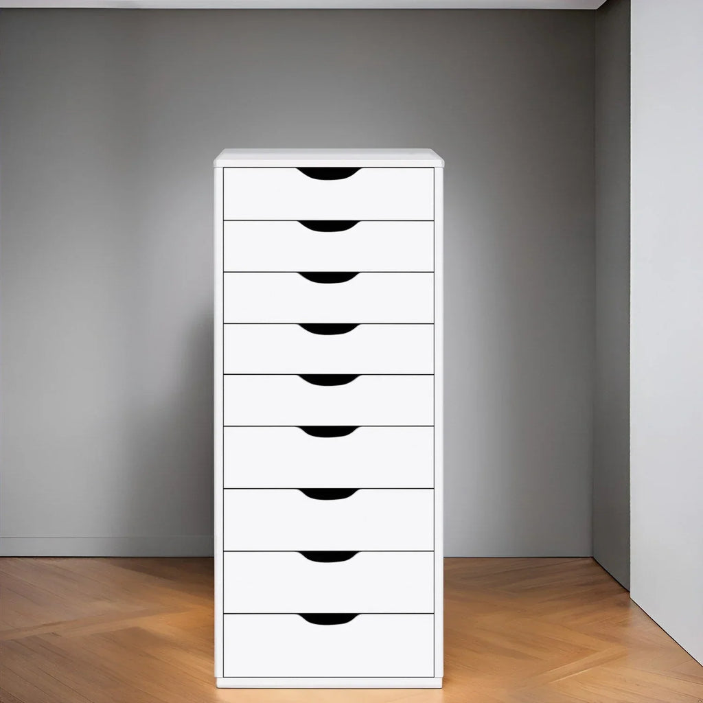 Schmaler Holzschrank mit 9 Schubladen, leichtgängigen Auszügen und Ablagefach oben