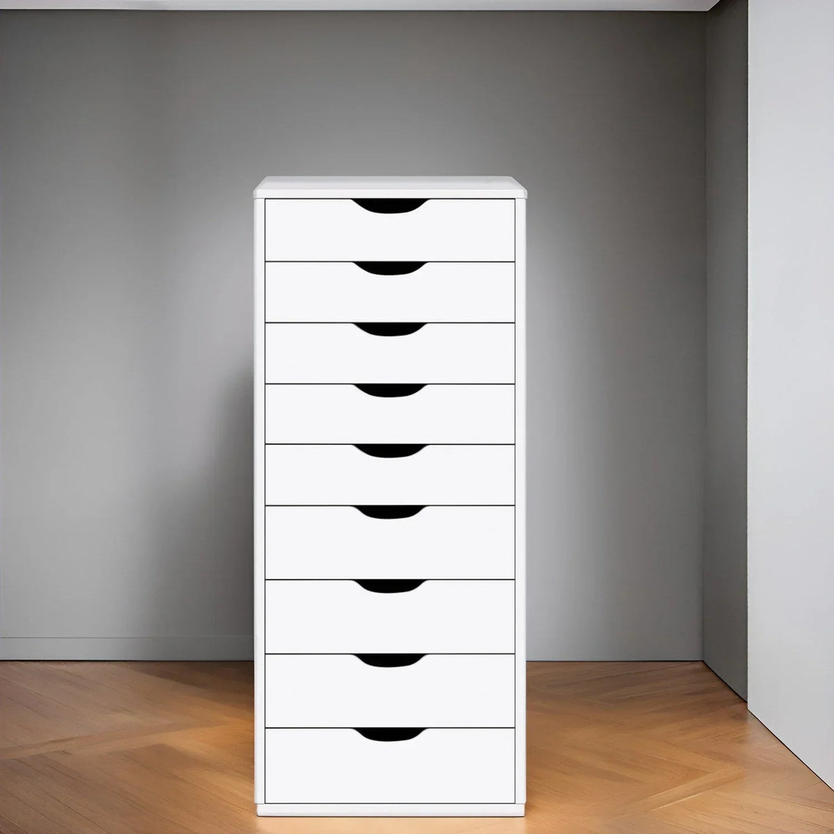 Schmaler Holzschrank mit 9 Schubladen, leichtgängigen Auszügen und Ablagefach oben