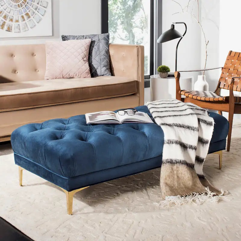 Grey / Navy Velvet Tufted Rectangular Bench with Brass Legs for 1–2 Person