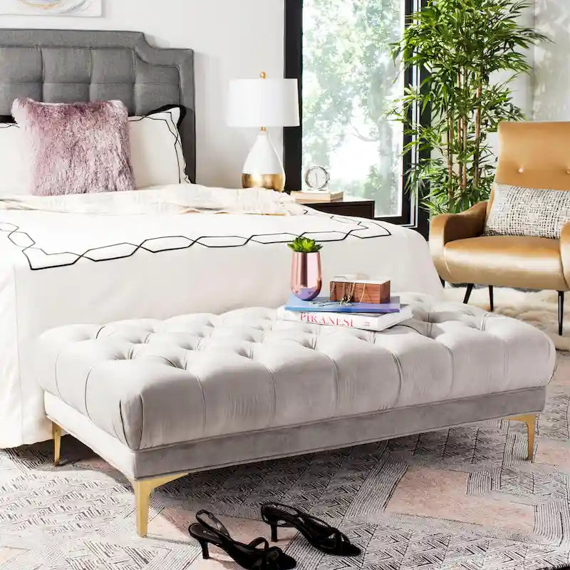 Grey / Navy Velvet Tufted Rectangular Bench with Brass Legs for 1–2 Person