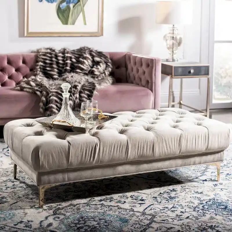 Grey / Navy Velvet Tufted Rectangular Bench with Brass Legs for 1–2 Person
