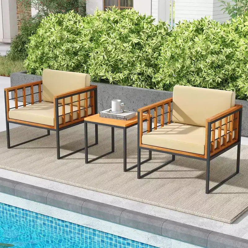 Costway 3 PCS Patio Chair Set Acacia Wood Sofa Set with Metal Support Soft Seat Cushions