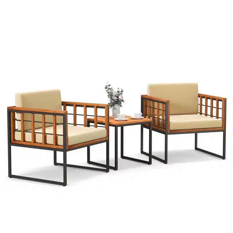 Costway 3-teiliges Terrassenstuhl-Set Akazienholz-Sofa-Set mit Metallstütze weichen Sitzkissen