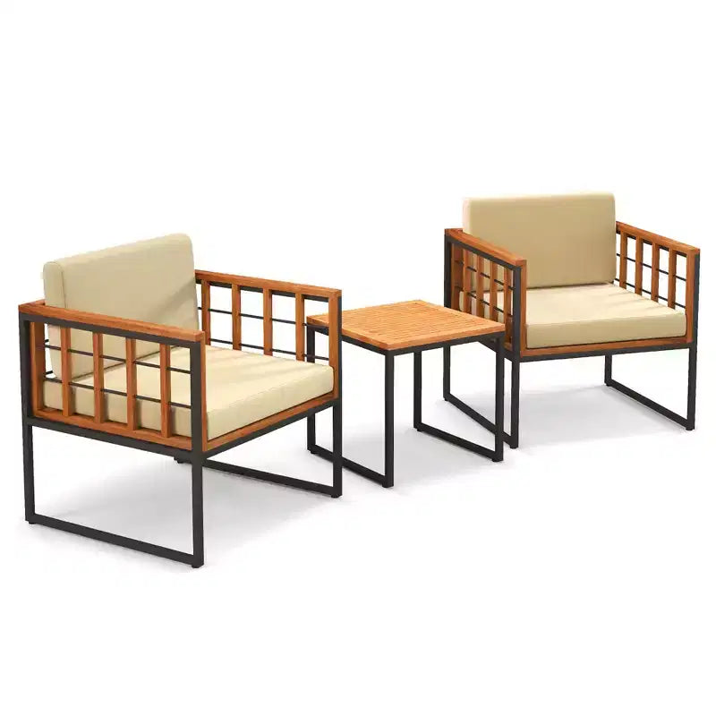 Costway 3-teiliges Terrassenstuhl-Set Akazienholz-Sofa-Set mit Metallstütze weichen Sitzkissen