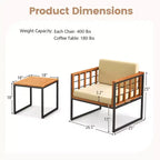 Costway 3-teiliges Terrassenstuhl-Set Akazienholz-Sofa-Set mit Metallstütze weichen Sitzkissen