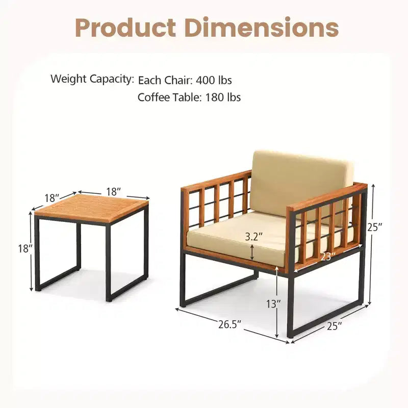 Costway 3-teiliges Terrassenstuhl-Set Akazienholz-Sofa-Set mit Metallstütze weichen Sitzkissen