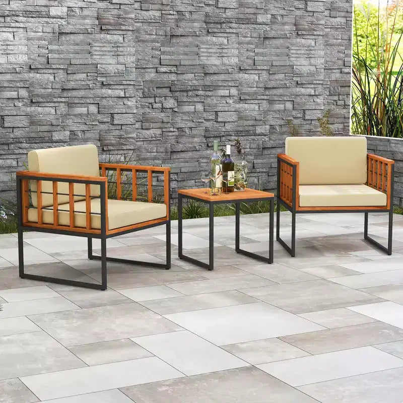 Costway 3-teiliges Terrassenstuhl-Set Akazienholz-Sofa-Set mit Metallstütze weichen Sitzkissen