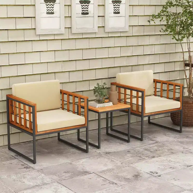 Costway 3-teiliges Terrassenstuhl-Set Akazienholz-Sofa-Set mit Metallstütze weichen Sitzkissen