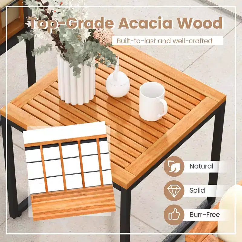 Costway 3-teiliges Terrassenstuhl-Set Akazienholz-Sofa-Set mit Metallstütze weichen Sitzkissen