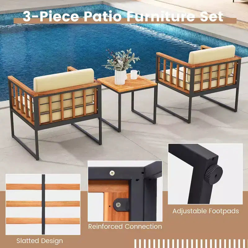 Costway 3-teiliges Terrassenstuhl-Set Akazienholz-Sofa-Set mit Metallstütze weichen Sitzkissen