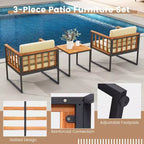 Costway 3-teiliges Terrassenstuhl-Set Akazienholz-Sofa-Set mit Metallstütze weichen Sitzkissen
