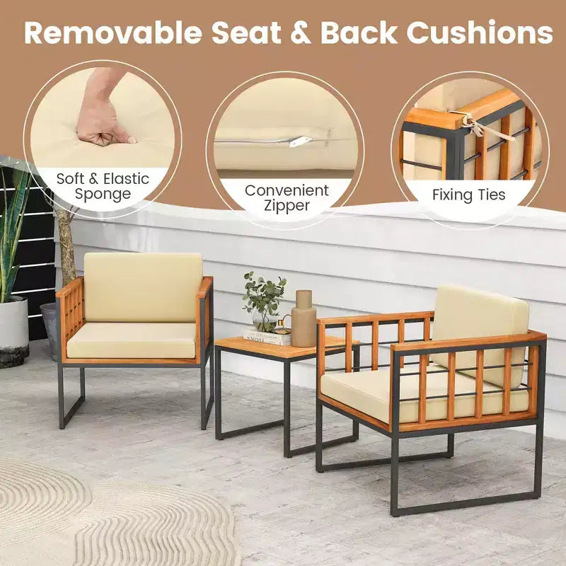 Costway 3-teiliges Terrassenstuhl-Set Akazienholz-Sofa-Set mit Metallstütze weichen Sitzkissen
