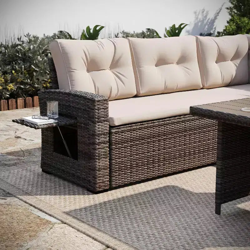 Flash Furniture Huck Loungegarnitur aus Korbgeflecht für drinnen/draußen, L-förmiges Sofa mit Esstisch, wetterfeste Kissen