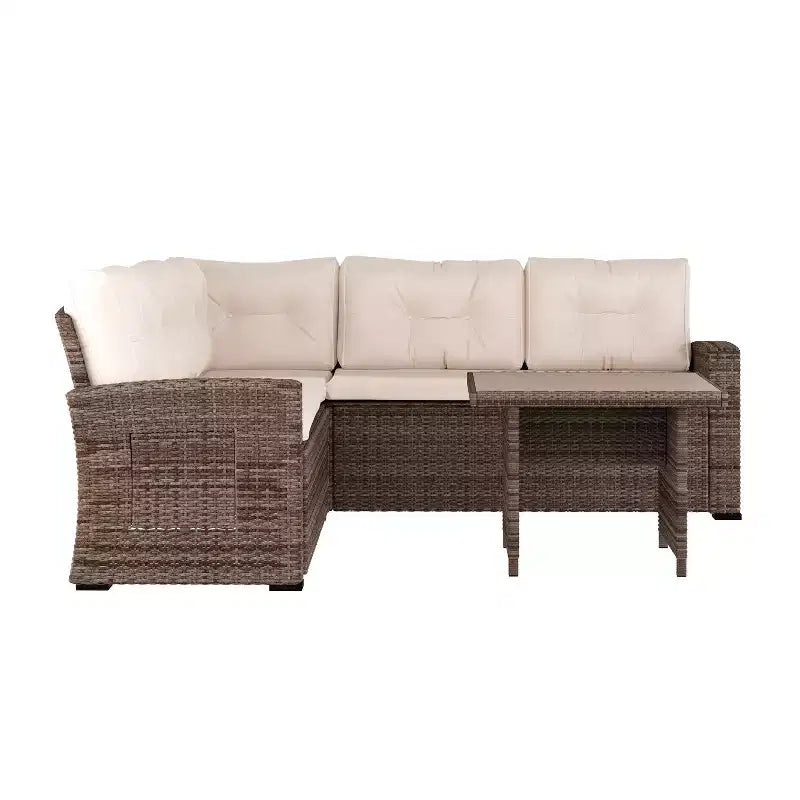 Flash Furniture Huck Loungegarnitur aus Korbgeflecht für drinnen/draußen, L-förmiges Sofa mit Esstisch, wetterfeste Kissen