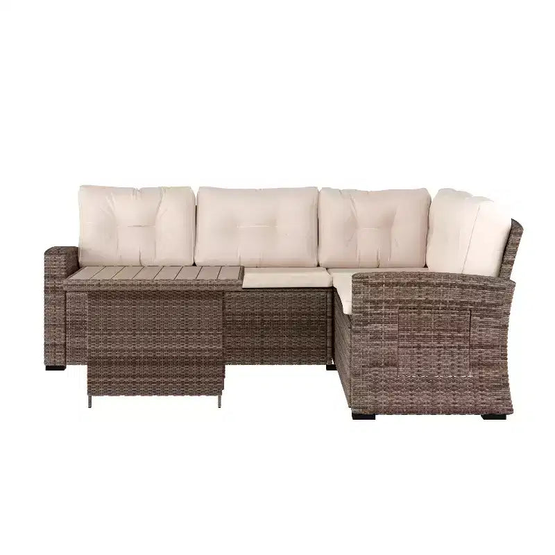 Flash Furniture Huck Loungegarnitur aus Korbgeflecht für drinnen/draußen, L-förmiges Sofa mit Esstisch, wetterfeste Kissen