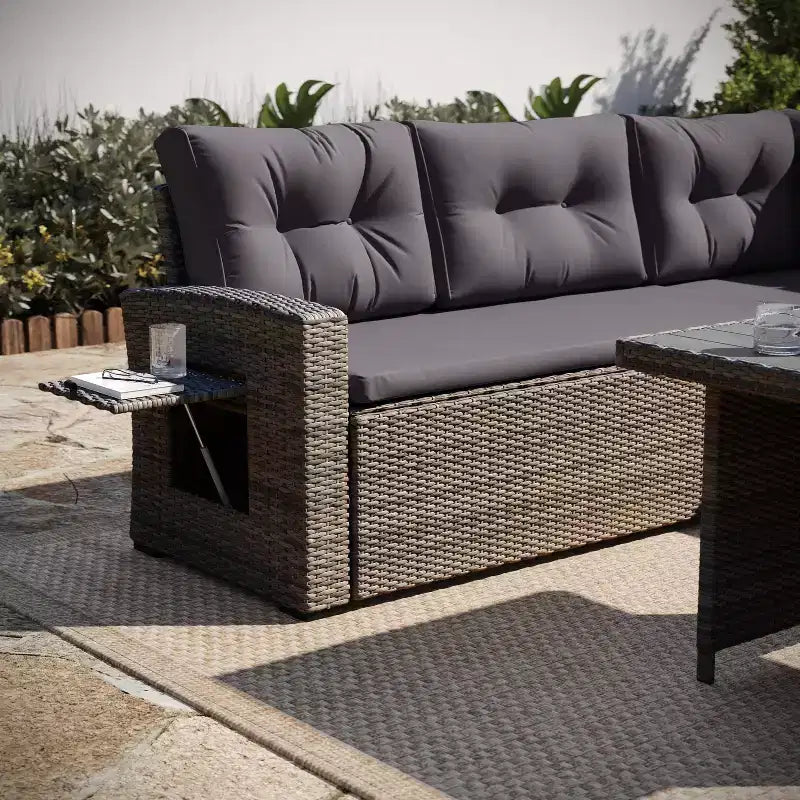 Flash Furniture Huck Loungegarnitur aus Korbgeflecht für drinnen/draußen, L-förmiges Sofa mit Esstisch, wetterfeste Kissen