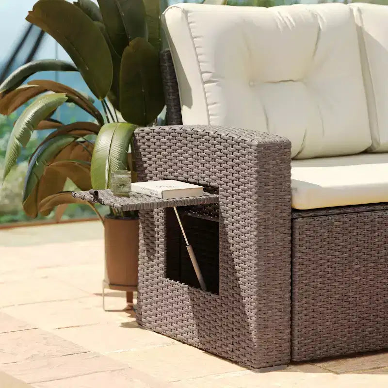 Flash Furniture Huck Loungegarnitur aus Korbgeflecht für drinnen/draußen, L-förmiges Sofa mit Esstisch, wetterfeste Kissen