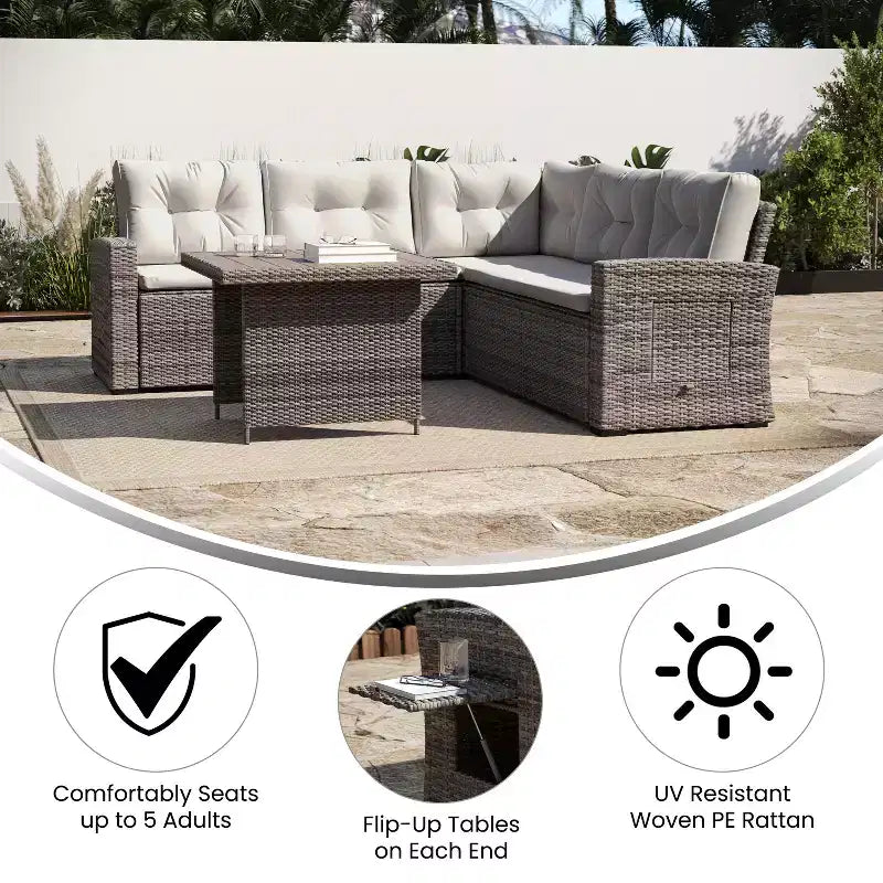 Flash Furniture Huck Loungegarnitur aus Korbgeflecht für drinnen/draußen, L-förmiges Sofa mit Esstisch, wetterfeste Kissen