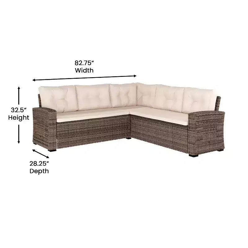 Flash Furniture Huck Loungegarnitur aus Korbgeflecht für drinnen/draußen, L-förmiges Sofa mit Esstisch, wetterfeste Kissen