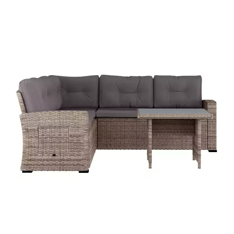 Flash Furniture Huck Loungegarnitur aus Korbgeflecht für drinnen/draußen, L-förmiges Sofa mit Esstisch, wetterfeste Kissen
