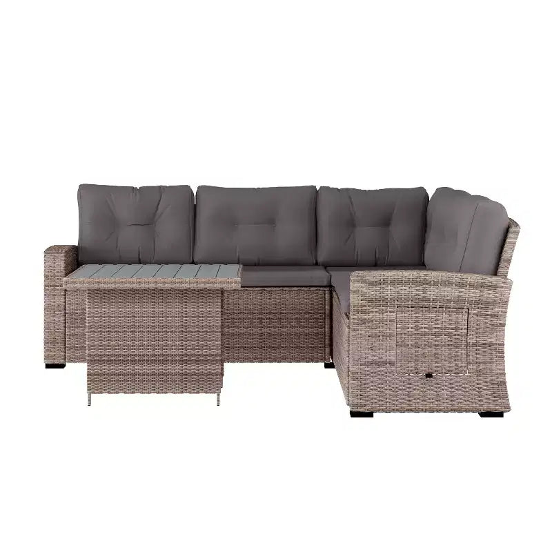 Flash Furniture Huck Loungegarnitur aus Korbgeflecht für drinnen/draußen, L-förmiges Sofa mit Esstisch, wetterfeste Kissen