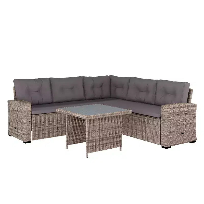 Flash Furniture Huck Loungegarnitur aus Korbgeflecht für drinnen/draußen, L-förmiges Sofa mit Esstisch, wetterfeste Kissen