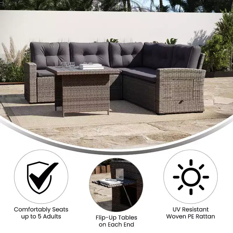 Flash Furniture Huck Loungegarnitur aus Korbgeflecht für drinnen/draußen, L-förmiges Sofa mit Esstisch, wetterfeste Kissen