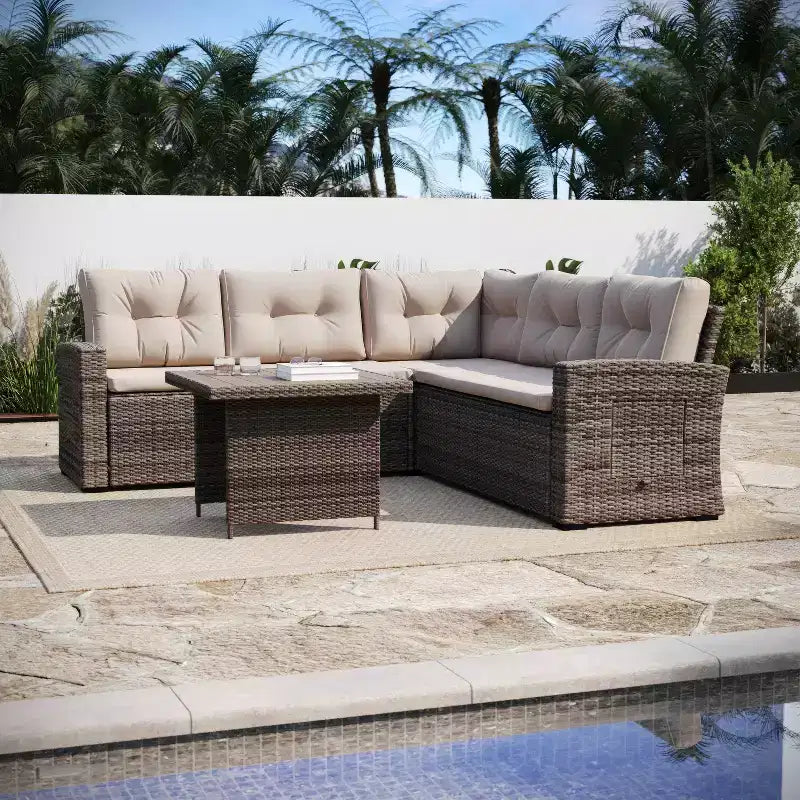 Flash Furniture Huck Indoor/Outdoor Wicker Rattan Conversation Set, L-Shaped Sofa with Dining Table, Weather Resistant Cushions