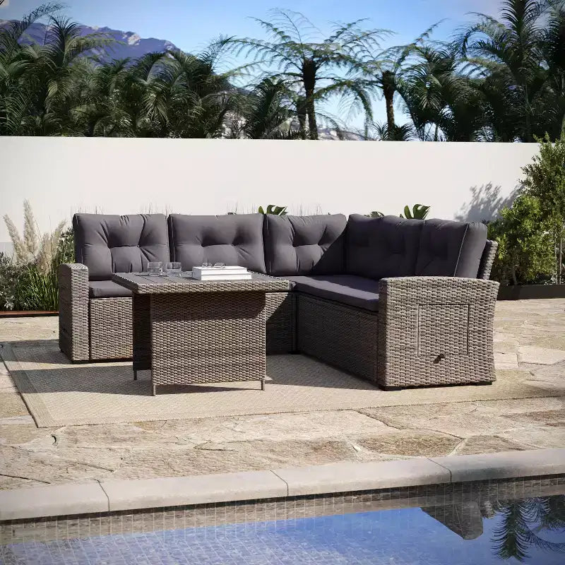 Flash Furniture Huck Loungegarnitur aus Korbgeflecht für drinnen/draußen, L-förmiges Sofa mit Esstisch, wetterfeste Kissen