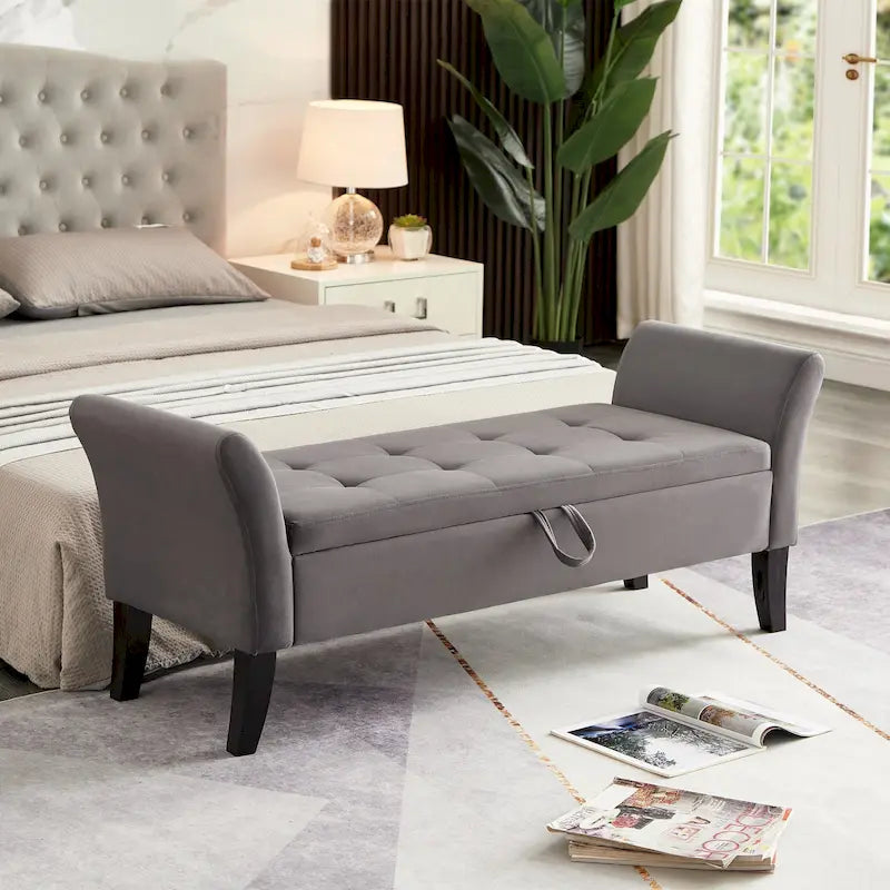 Grey / Orange / Beige Velvet Storage Bed Bench for 1–2 Person