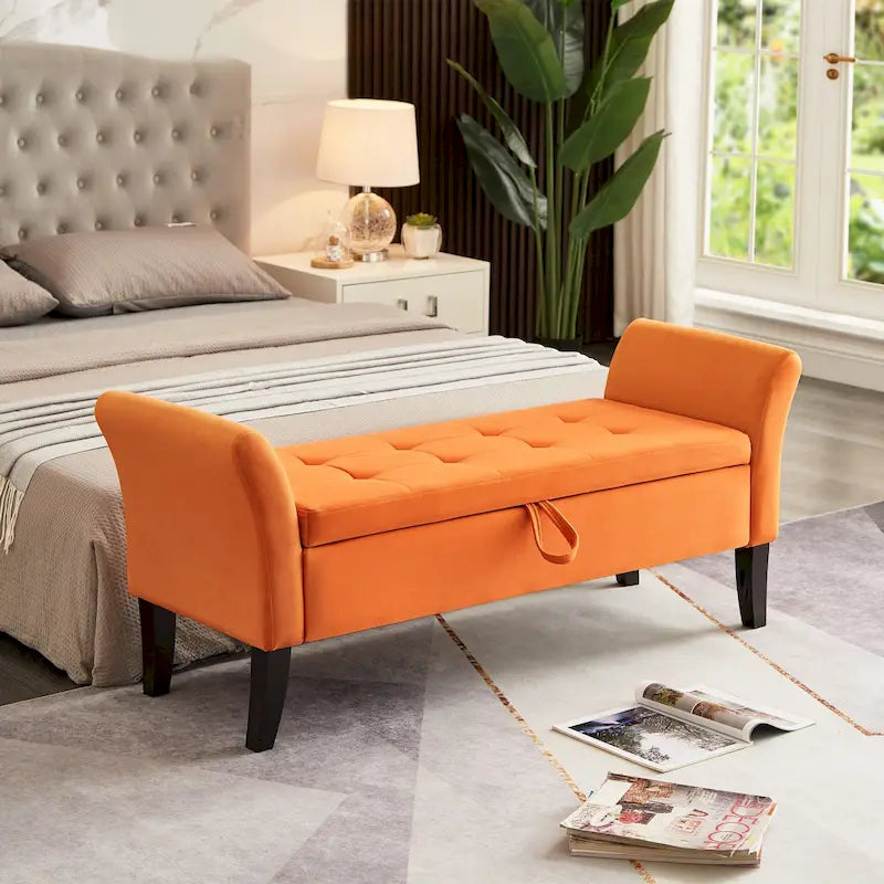 Grey / Orange / Beige Velvet Storage Bed Bench for 1–2 Person