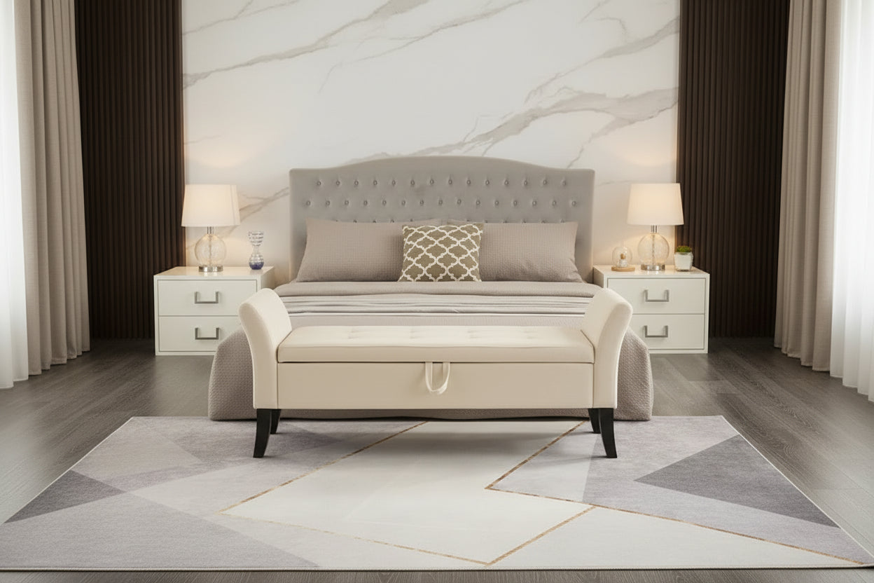Grey / Orange / Beige Velvet Storage Bed Bench for 1–2 Person