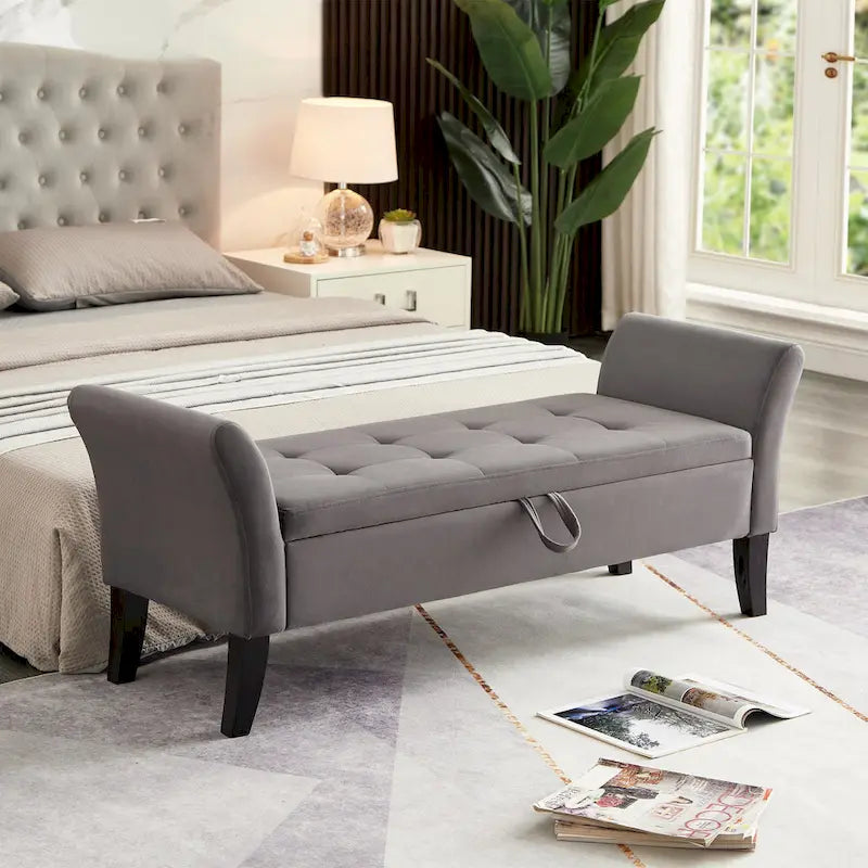 Grey / Orange / Beige Velvet Storage Bed Bench for 1–2 Person