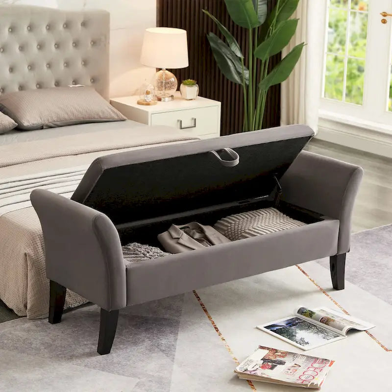 Grey / Orange / Beige Velvet Storage Bed Bench for 1–2 Person