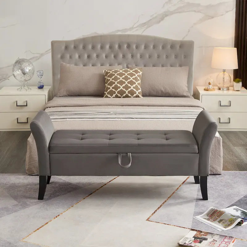 Grey / Orange / Beige Velvet Storage Bed Bench for 1–2 Person
