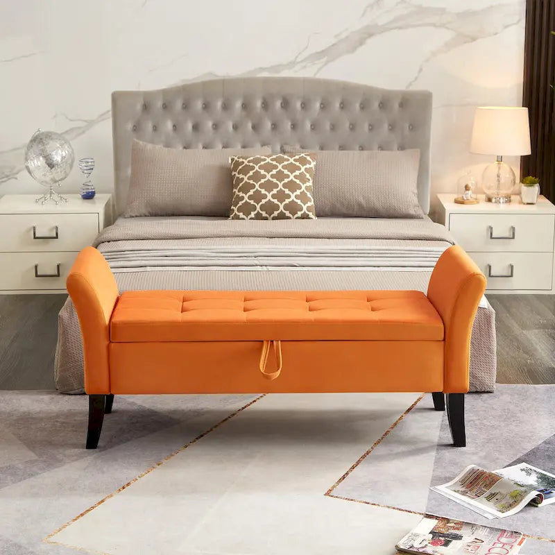 Grey / Orange / Beige Velvet Storage Bed Bench for 1–2 Person
