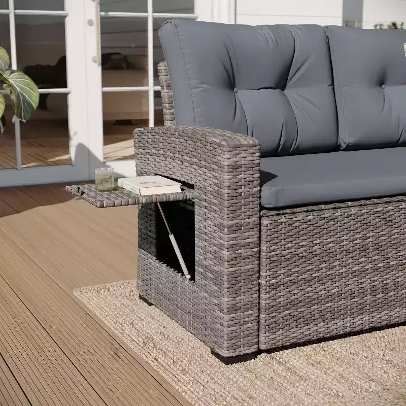 Merrick Lane Indoor/Outdoor L-förmiges Sofa-/Esstisch-Konversationsset mit Korbmöbelkonstruktion aus Rattan und wetterfesten Kissen