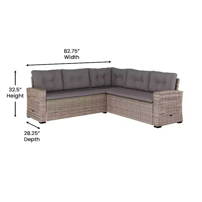 Merrick Lane Indoor/Outdoor L-förmiges Sofa-/Esstisch-Konversationsset mit Korbmöbelkonstruktion aus Rattan und wetterfesten Kissen