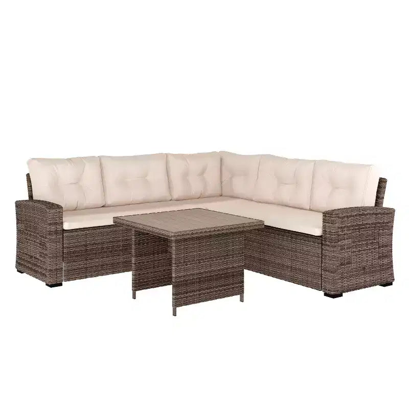 Merrick Lane Indoor/Outdoor L-förmiges Sofa-/Esstisch-Konversationsset mit Korbmöbelkonstruktion aus Rattan und wetterfesten Kissen
