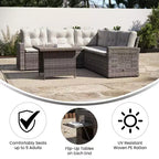 Merrick Lane Indoor/Outdoor L-förmiges Sofa-/Esstisch-Konversationsset mit Korbmöbelkonstruktion aus Rattan und wetterfesten Kissen