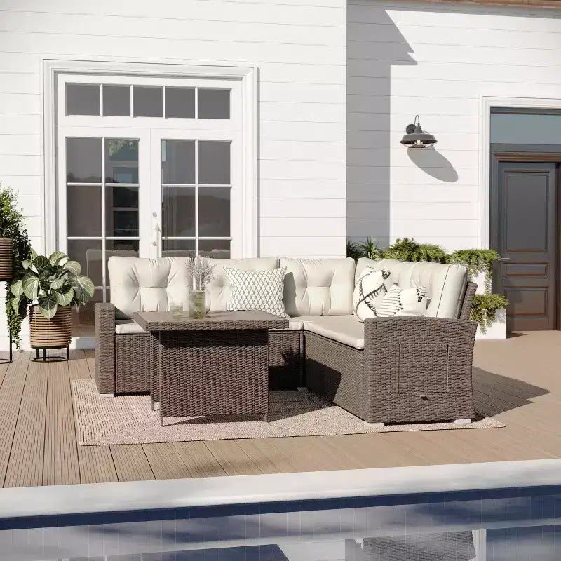 Merrick Lane Indoor/Outdoor L-Shaped Sofa/Dining Table Conversation Set with Wicker Rattan Construction and Weather-Resistant Cushions