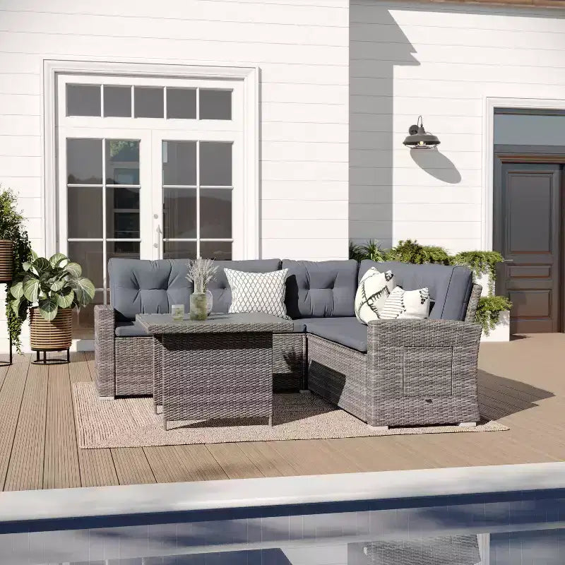 Merrick Lane Indoor/Outdoor L-förmiges Sofa-/Esstisch-Konversationsset mit Korbmöbelkonstruktion aus Rattan und wetterfesten Kissen