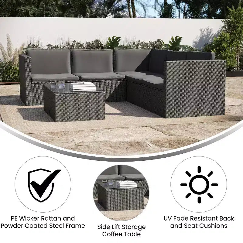 Merrick Lane Allwetter-Loungesofa aus PE-Rattan mit Couchtisch und inkludierten Kissen