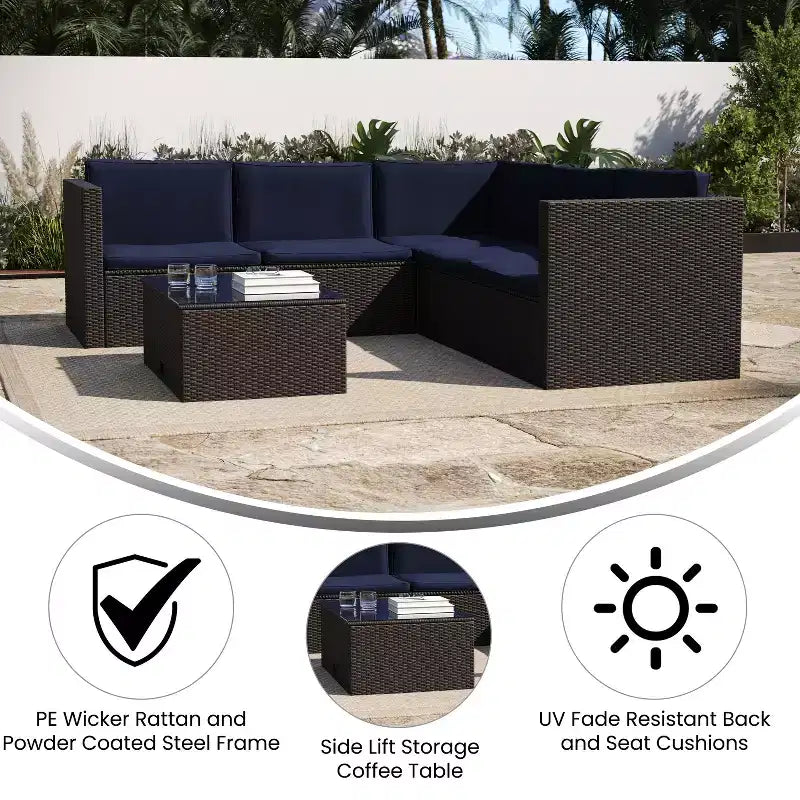 Merrick Lane Allwetter-Loungesofa aus PE-Rattan mit Couchtisch und inkludierten Kissen