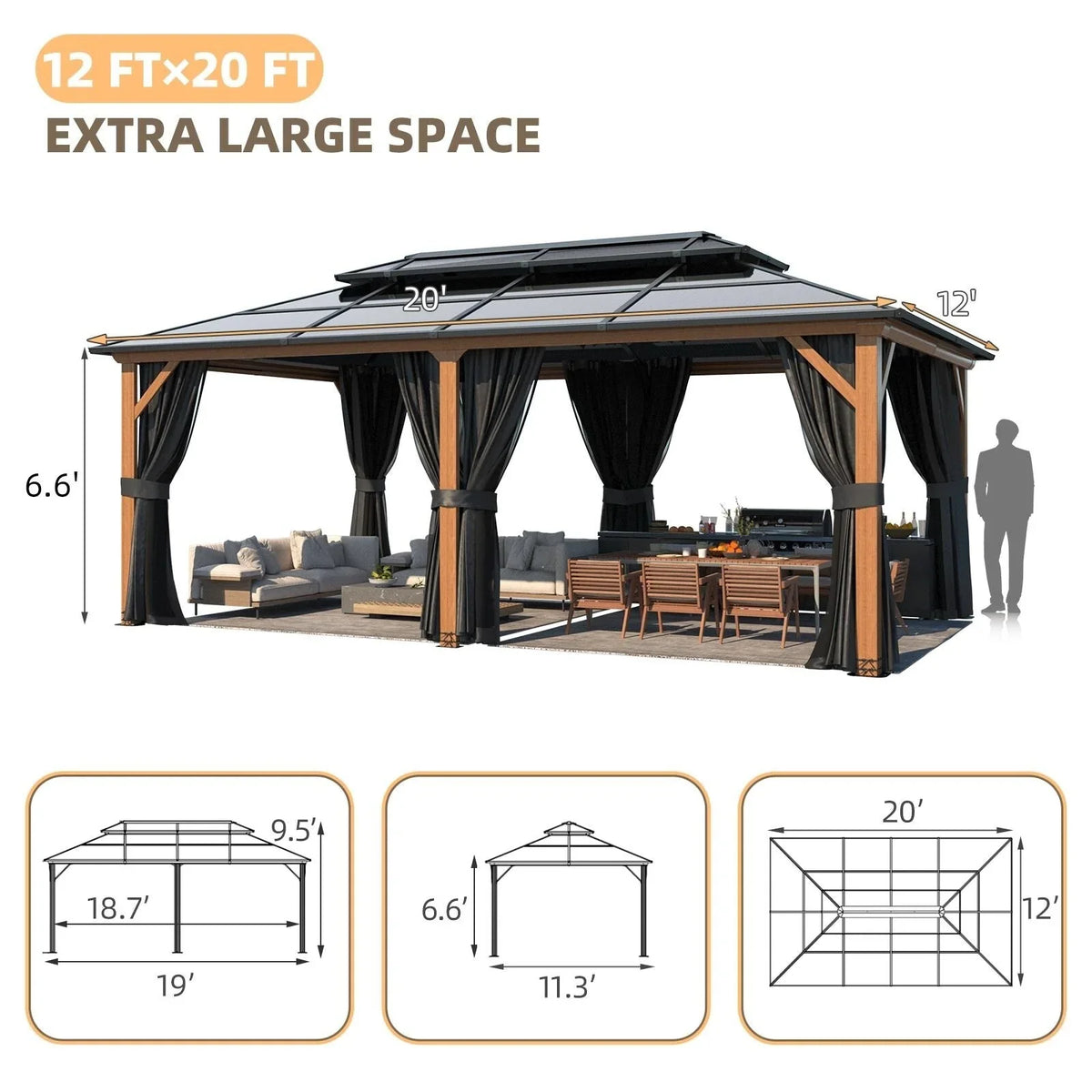 EROMMY Hardtop-Pavillon, Outdoor-Pergola mit Doppeldach & Netzen & Vorhängen, Hochleistungs-Canopy für Terrasse, Garten, Poolparty