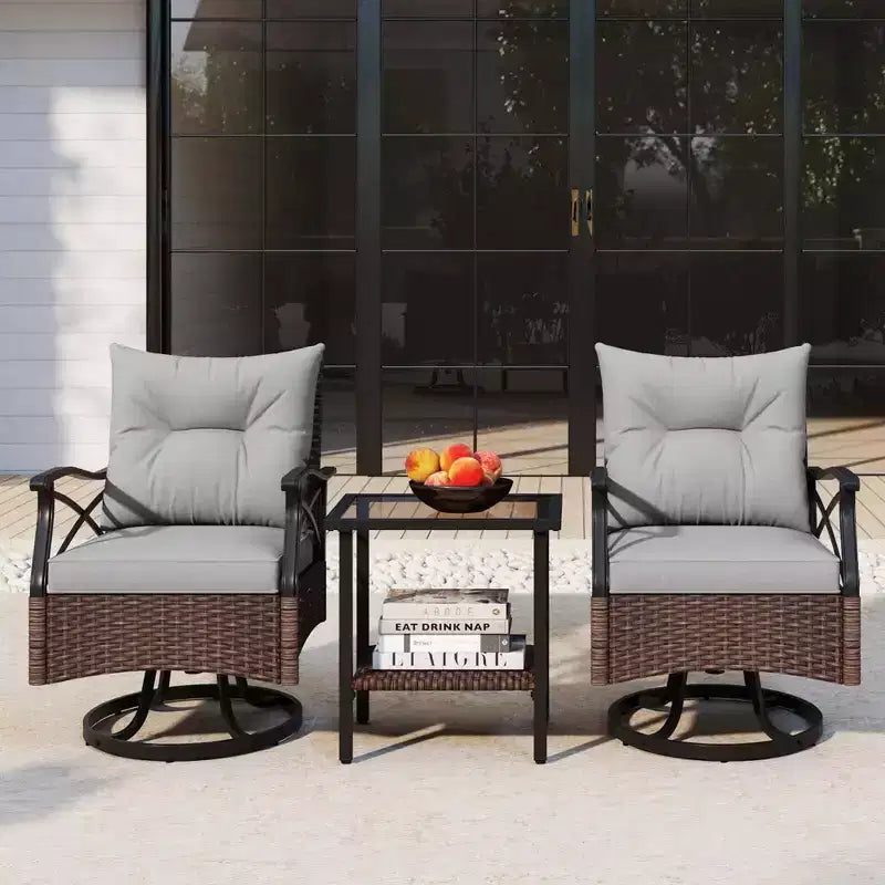 Costway 3 PCS Patio Swivel Rocker Set with 2-Tier Coffee Table & Cozy Seat Back Cushions
